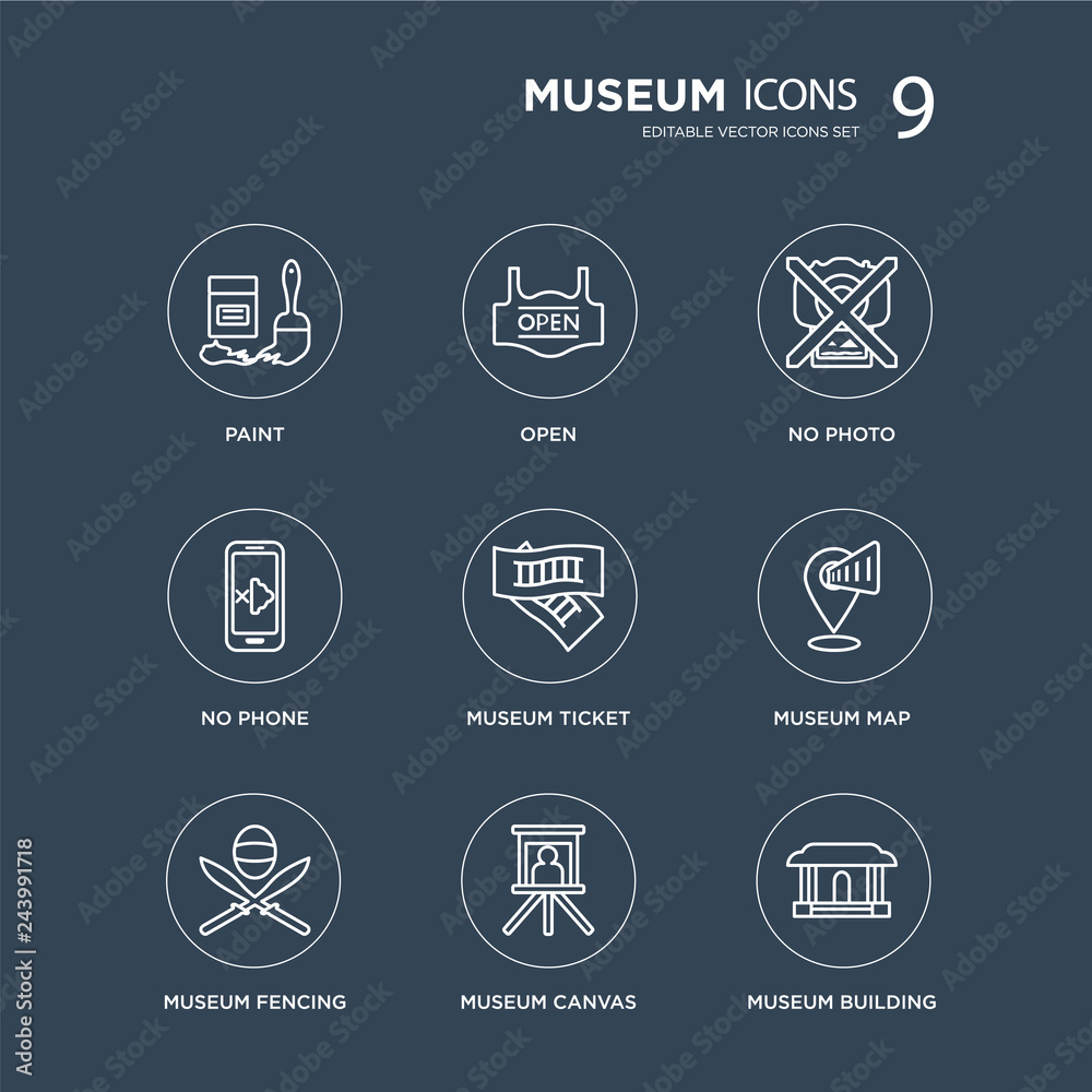 9 Paint, Open, museum Fencing, Map, Ticket, No photo, phone, Canvas modern icons on black background, vector illustration, eps10, trendy icon set.