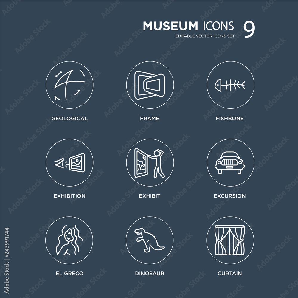 9 Geological, Frame, El greco, Excursion, Exhibit, Fishbone, Exhibition, Dinosaur modern icons on black background, vector illustration, eps10, trendy icon set. 9 Geological, Frame, El greco, Excursion, Exhibit, Fishbone, Exhibition, Dinosaur modern icons on black background, vector illustration, eps10, trendy icon set.