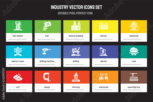 Set of 15 flat industry icons - Fuel station, Fuel, Chimney, Electricity, Co2, Derrick, Coal, Chemicals. Vector illustration isolated on colorful background