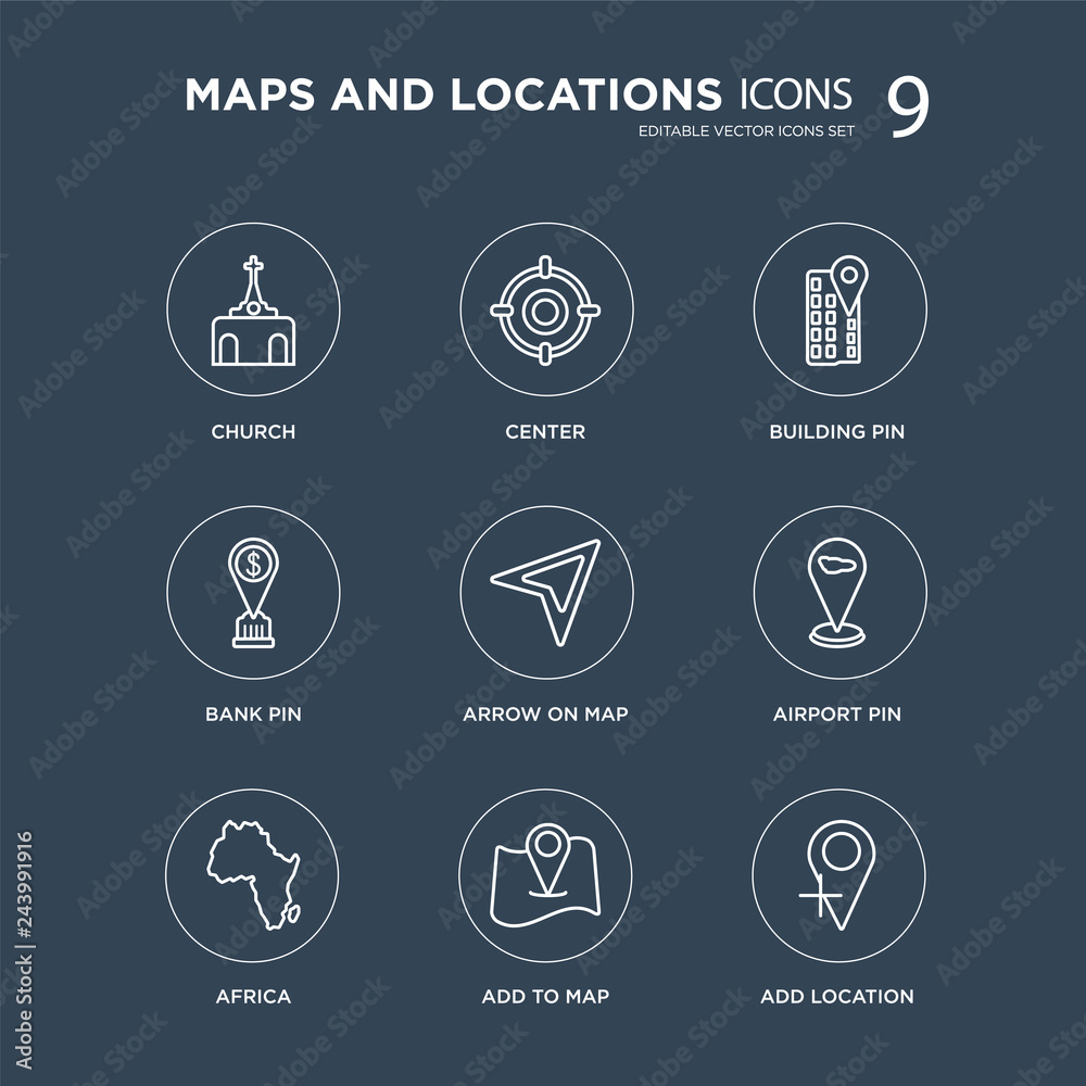 9 Church, Center, Africa, Airport Pin, Arrow On Map, Building Bank Add to Map modern icons on black background, vector illustration, eps10, trendy icon set. 9 Church, Center, Africa, Airport Pin, Arrow On Map, Building Bank Add to Map modern icons on black background, vector illustration, eps10, trendy icon set.