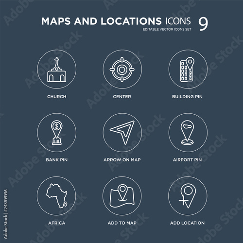 9 Church, Center, Africa, Airport Pin, Arrow On Map, Building Bank Add to Map modern icons on black background, vector illustration, eps10, trendy icon set.