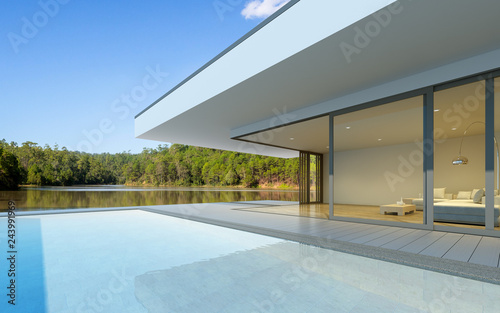 Perspective of luxury modern house with swimming pool in day time on green lake background, Idea of minimal architecture design. 3D rendering  © nuchao