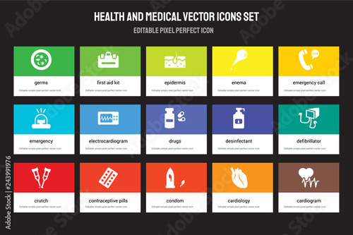 Set of 15 flat health and medical icons - Germs, First aid kit, Condom, Emergency Call, Crutch, Desinfectant, Defibrillator, Cardiology. Vector illustration isolated on colorful background