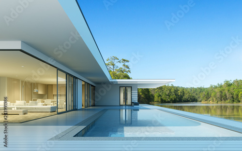 Perspective of luxury modern house with swimming pool in day time on green lake background, Idea of minimal architecture design. 3D rendering 