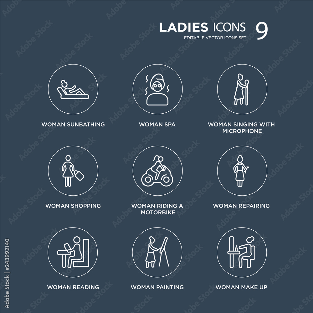 9 Woman Sunbathing, Spa, Reading, Repairing, Riding a Motorbike, Singing with Microphone modern icons on black background, vector illustration, eps10, trendy icon set.