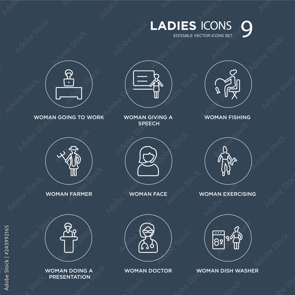 9 Woman Going To Work, Giving a Speech, Doing Presentation, Exercising, Face, Fishing modern icons on black background, vector illustration, eps10, trendy icon set.