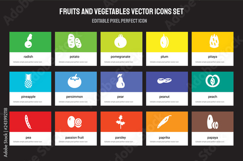 Set of 15 flat fruits and vegetables icons - Radish, Potato, Parsley, Pitaya, Pea, Peanut, Peach, Paprika. Vector illustration isolated on colorful background