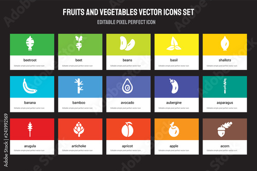Set of 15 flat fruits and vegetables icons - Beetroot, Beet, Apricot, shallots, Arugula, Aubergine, Asparagus, Apple. Vector illustration isolated on colorful background