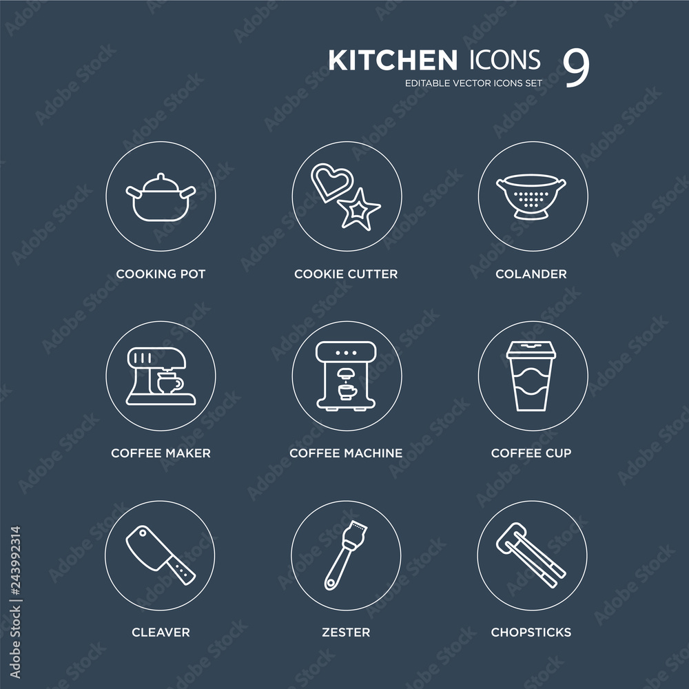 9 Cooking pot, cookie cutter, Cleaver, Coffee cup, machine, colander, maker, zester modern icons on black background, vector illustration, eps10, trendy icon set. 9 Cooking pot, cookie cutter, Cleaver, Coffee cup, machine, colander, maker, zester modern icons on black background, vector illustration, eps10, trendy icon set.