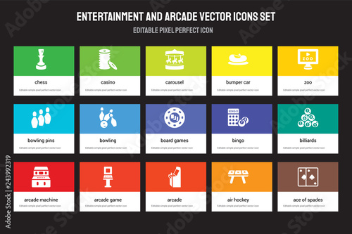 Set of 15 flat entertainment and arcade icons - Chess, Casino, Arcade, zoo, Arcade Machine, Bingo, Billiards, Air hockey. Vector illustration isolated on colorful background