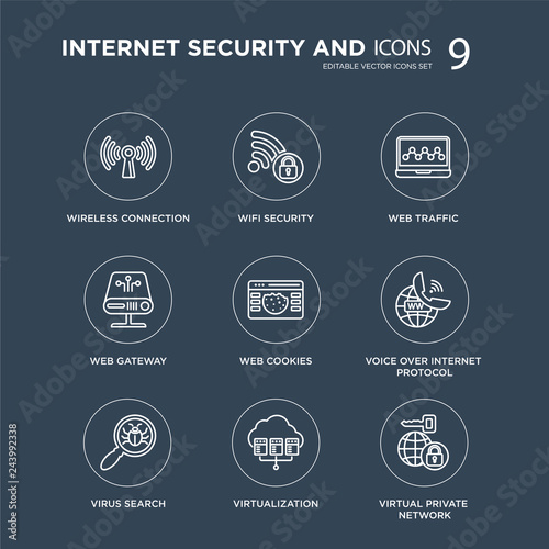 9 Wireless connection, Wifi security, Virus search, voice over internet protocol, web Cookies, traffic modern icons on black background, vector illustration, eps10, trendy icon set.