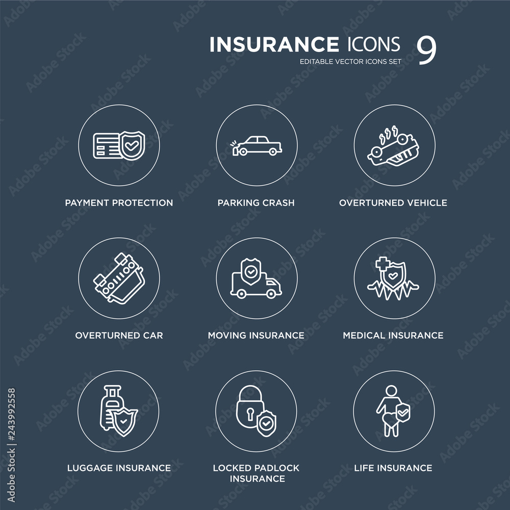 9 Payment protection, Parking crash, Luggage insurance, Medical Moving Overturned vehicle modern icons on black background, vector illustration, eps10, trendy icon set. 9 Payment protection, Parking crash, Luggage insurance, Medical Moving Overturned vehicle modern icons on black background, vector illustration, eps10, trendy icon set.