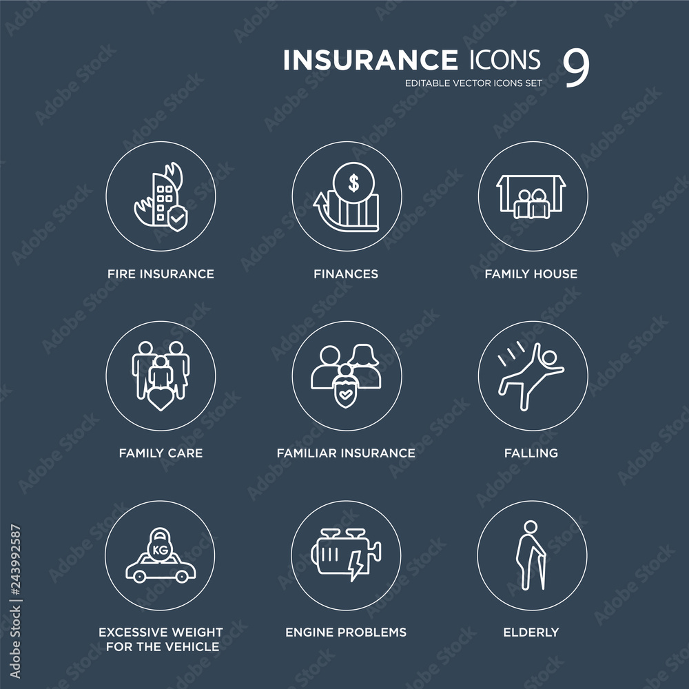 9 Fire insurance, Finances, Excessive weight for the vehicle, Falling, Familiar Family House modern icons on black background, vector illustration, eps10, trendy icon set.
