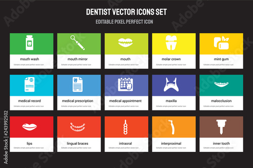 Set of 15 flat dentist icons - Mouth Wash, Mirror, Intraoral, Mint gum, Lips, Maxilla, Malocclusion, Interproximal. Vector illustration isolated on colorful background