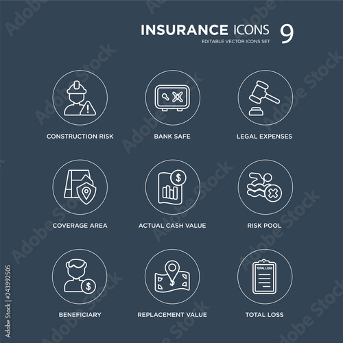 9 construction risk, bank safe, Beneficiary, risk pool, Actual Cash Value, legal expenses modern icons on black background, vector illustration, eps10, trendy icon set.