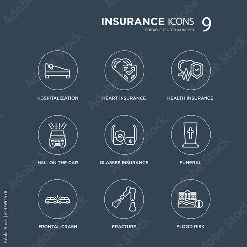 9 Hospitalization, Heart insurance, Frontal crash, Funeral, Glasses Health insurance modern icons on black background, vector illustration, eps10, trendy icon set.