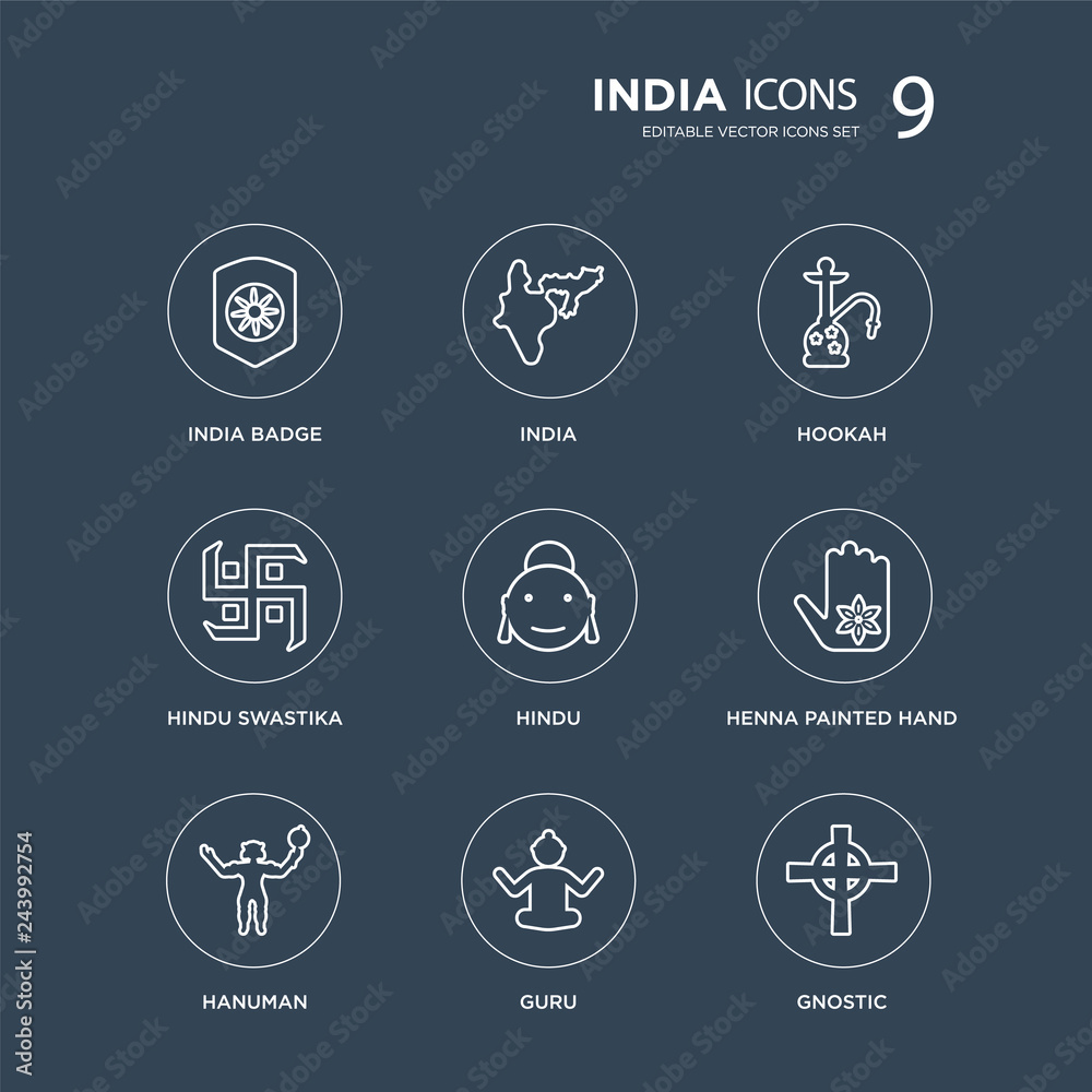 9 india Badge, India, Hanuman, Henna painted hand, Hindu, Hookah, hindu Swastika, Guru modern icons on black background, vector illustration, eps10, trendy icon set. 9 india Badge, India, Hanuman, Henna painted hand, Hindu, Hookah, hindu Swastika, Guru modern icons on black background, vector illustration, eps10, trendy icon set.