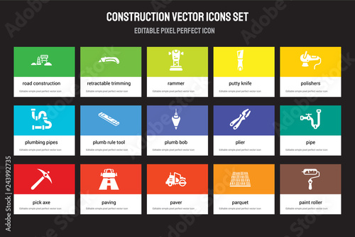Set of 15 flat construction icons - road construction, Retractable trimming knife, Paver, Polishers, Pick axe, Plier, Pipe, Parquet. Vector illustration isolated on colorful background