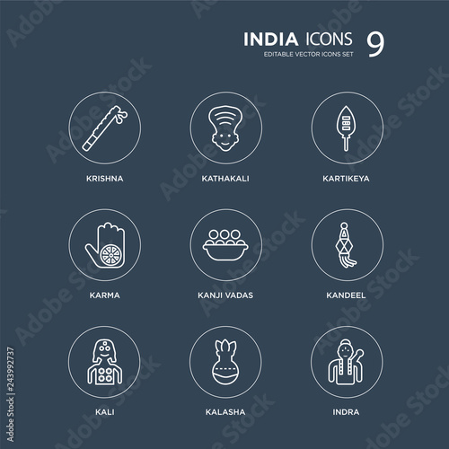 9 Krishna, Kathakali, Kali, Kandeel, Kanji vadas, Kartikeya, Karma, Kalasha modern icons on black background, vector illustration, eps10, trendy icon set.