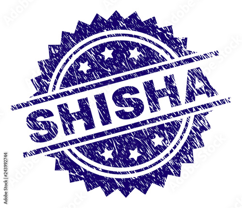 SHISHA stamp seal watermark with distress style. Blue vector rubber print of SHISHA caption with grunge texture.