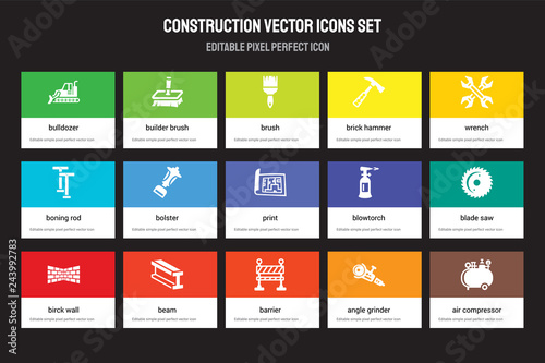 Set of 15 flat construction icons - Bulldozer, builder Brush, Barrier, Wrench, Birck Wall, blowtorch, blade saw, Angle grinder. Vector illustration isolated on colorful background