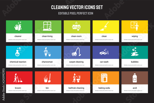 Set of 15 flat cleaning icons - Cleaner, clean-living, Bathtub cleaning, Wiping, Broom, Car wash, Bubbles, baking soda. Vector illustration isolated on colorful background