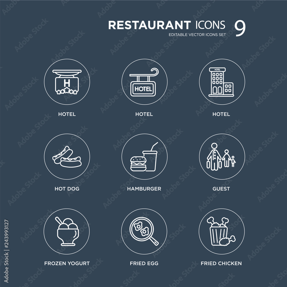 Fototapeta premium 9 Hotel, Frozen yogurt, Guest, Hamburger, Hot dog, Fried egg modern icons on black background, vector illustration, eps10, trendy icon set.