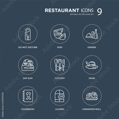 9 Do not disturb, Dish, Cookbook, Crab, Cutlery, Dinner, Dim sum, Closed modern icons on black background, vector illustration, eps10, trendy icon set.