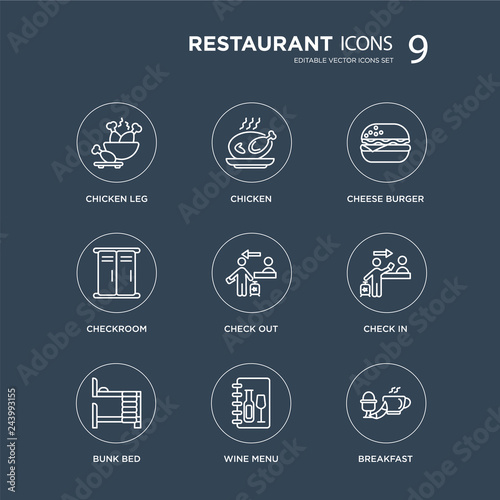 9 Chicken leg, Chicken, Bunk bed, Check in, out, Cheese burger, Checkroom, Wine menu modern icons on black background, vector illustration, eps10, trendy icon set.