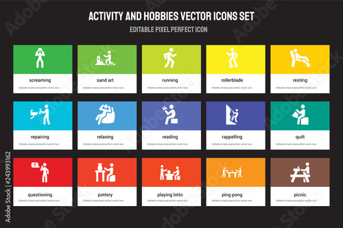Set of 15 flat activity and hobbies icons - Screaming, Sand art, Playing Lotto, Resting, Questioning, Rappelling, Quilt, Ping pong. Vector illustration isolated on colorful background