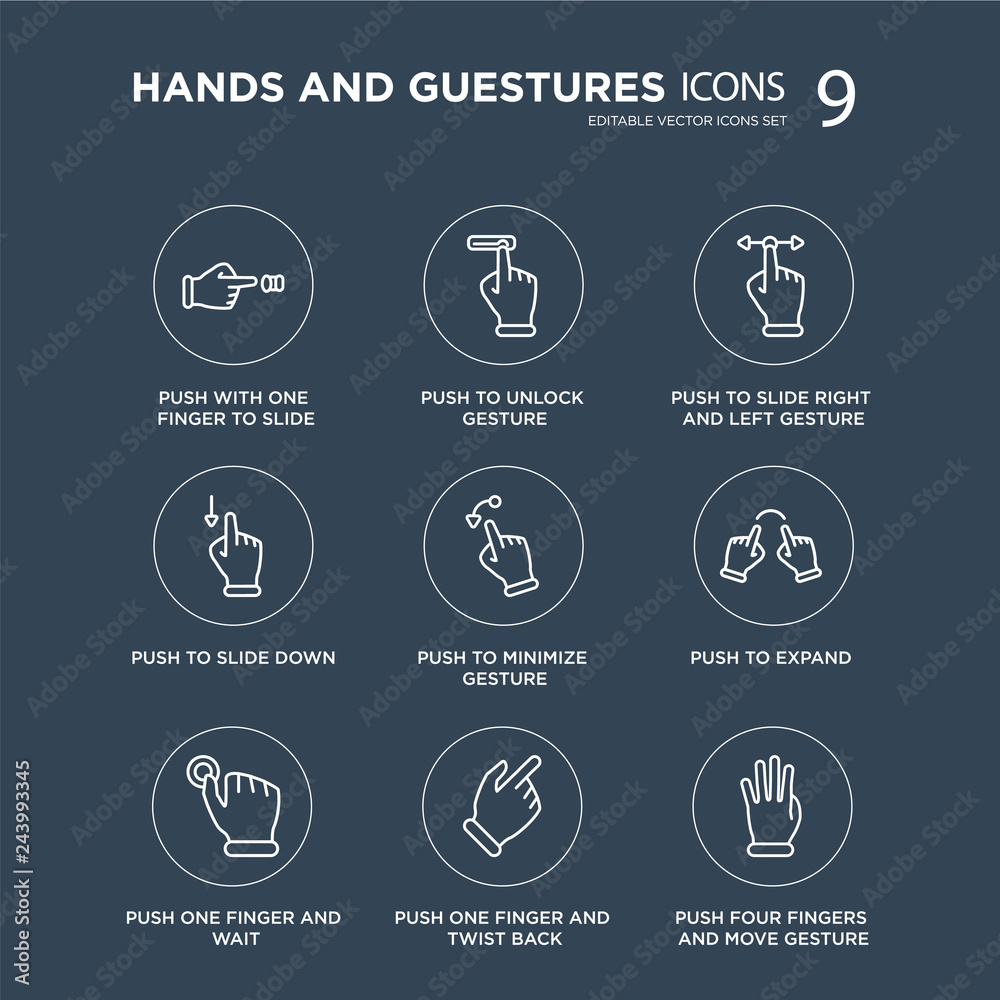 9 Push with one finger to slide, unlock gesture, and wait, expand modern icons on black background, vector illustration, eps10, trendy icon set. 9 Push with one finger to slide, unlock gesture, and wait, expand modern icons on black background, vector illustration, eps10, trendy icon set.