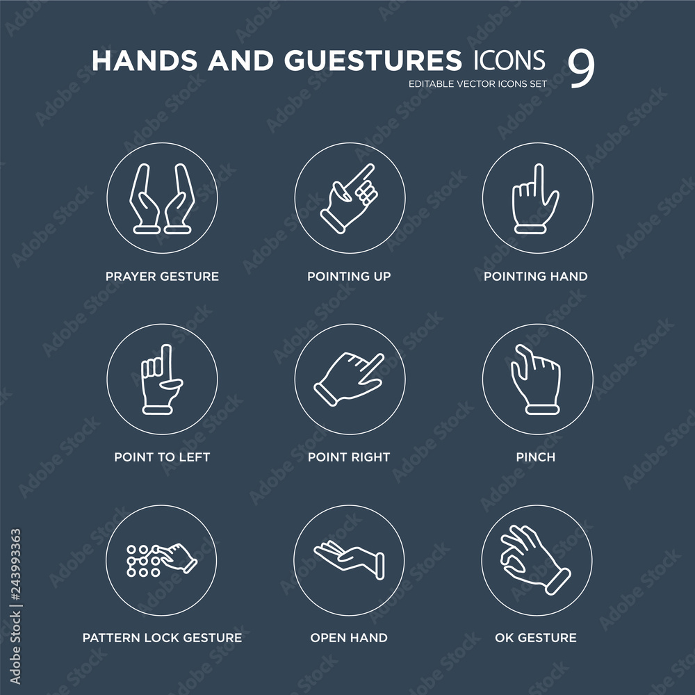 9 Prayer gesture, Pointing up, Pattern lock Pinch, Point Right, hand, to Left, Open hand modern icons on black background, vector illustration, eps10, trendy icon set. 9 Prayer gesture, Pointing up, Pattern lock Pinch, Point Right, hand, to Left, Open hand modern icons on black background, vector illustration, eps10, trendy icon set.