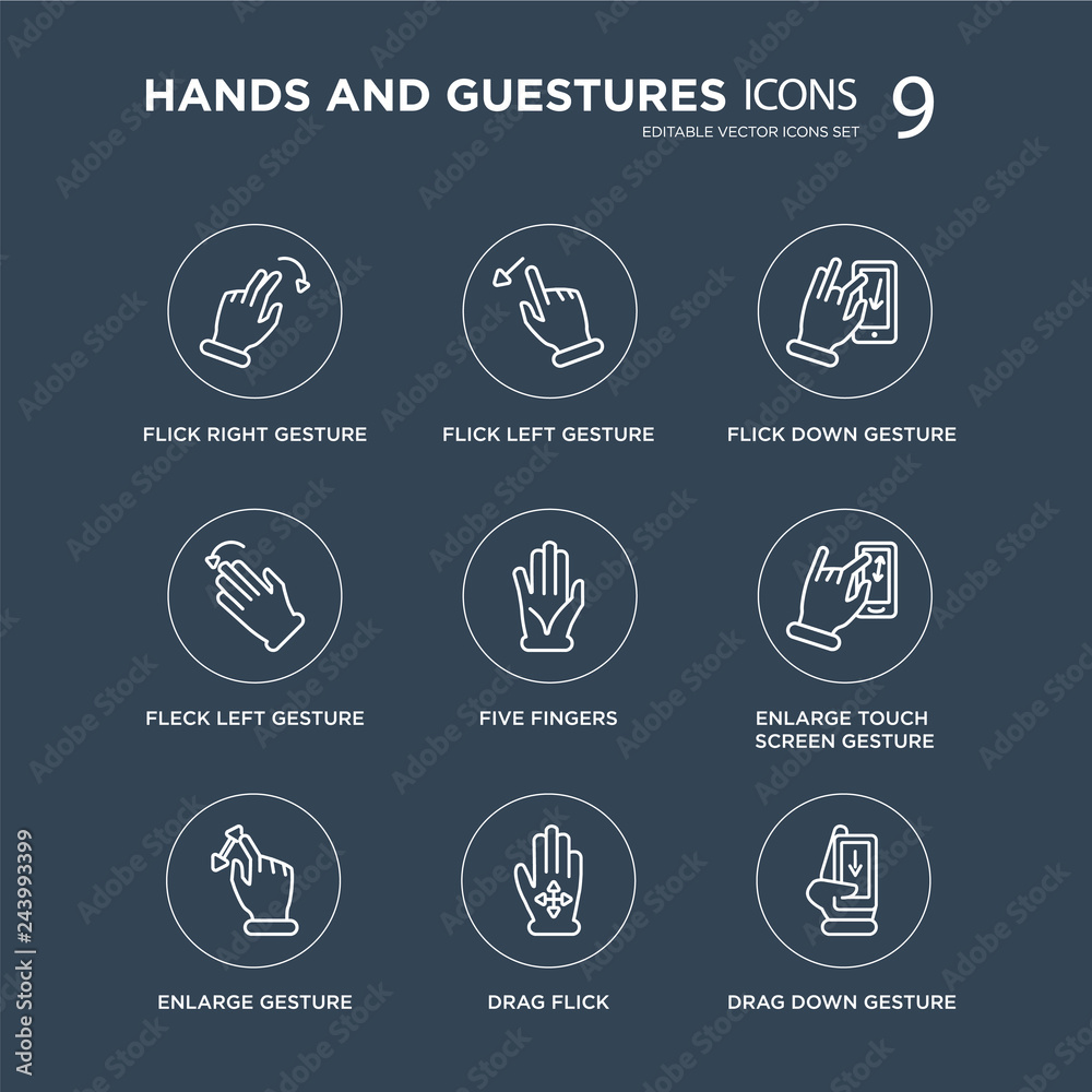 9 Flick Right gesture, Left Enlarge touch screen Five Fingers modern icons on black background, vector illustration, eps10, trendy icon set.