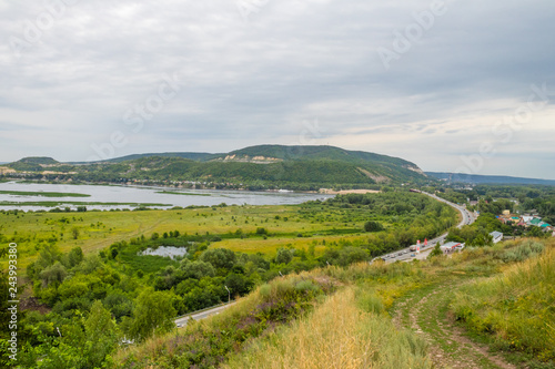 summer landscape, river, forest, village