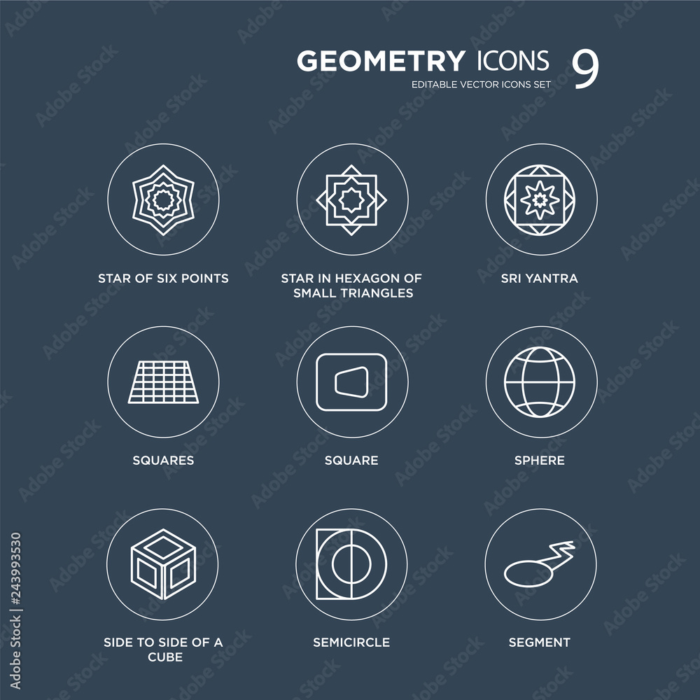 9 Star of six points, in hexagon small triangles, Side to side a cube, Sphere, Square, Sri yantra modern icons on black background, vector illustration, eps10, trendy icon set.