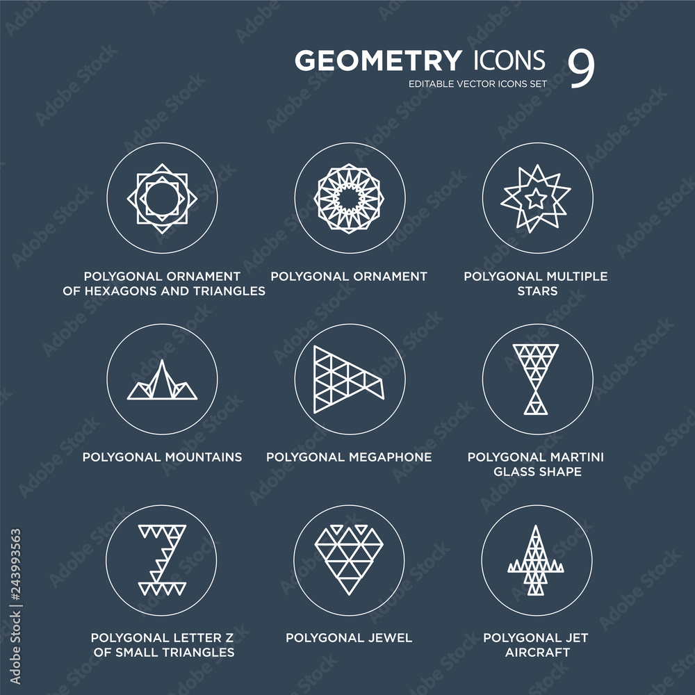 9 Polygonal ornament of hexagons and triangles, ornament, letter Z small triangles modern icons on black background, vector illustration, eps10, trendy icon set.