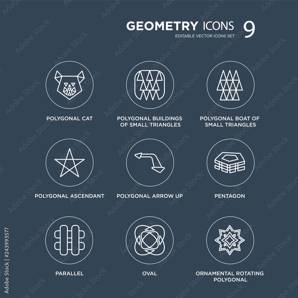 9 Polygonal cat, buildings of small triangles, Parallel, Pentagon, arrow up modern icons on black background, vector illustration, eps10, trendy icon set.