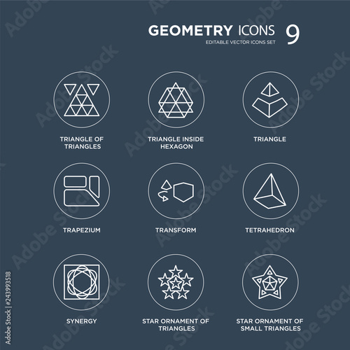 9 Triangle of triangles, inside hexagon, Synergy, Tetrahedron, Transform, modern icons on black background, vector illustration, eps10, trendy icon set.