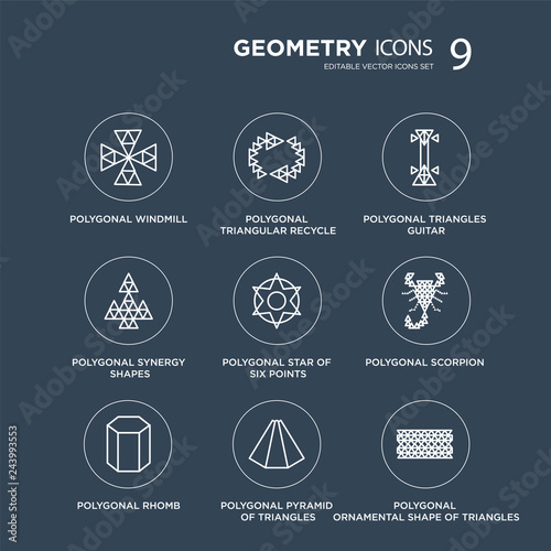 9 Polygonal windmill, triangular recycle, rhomb, scorpion, star of six points modern icons on black background, vector illustration, eps10, trendy icon set.