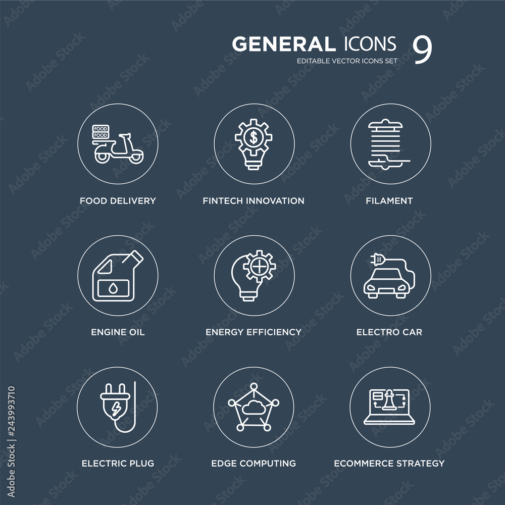 9 food delivery, fintech innovation, electric plug, electro car, energy efficiency, filament, engine oil, edge computing modern icons on black background, vector illustration, eps10, trendy icon set.