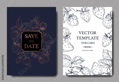 Vector Strawberry fruits. Engraved ink art. Wedding background card floral decorative border.