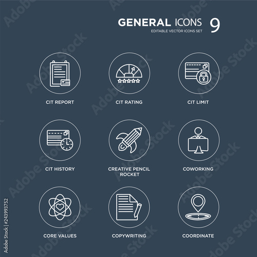 9 cit report, rating, core values, coworking, creative pencil rocket, limit, history, copywriting modern icons on black background, vector illustration, eps10, trendy icon set.
