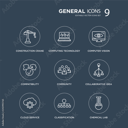 9 construction crane, computing technology, cloud service, collaborative idea, community, computer vision modern icons on black background, vector illustration, eps10, trendy icon set.