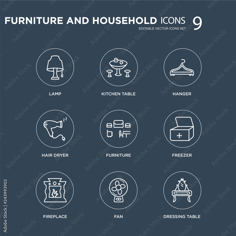 9 Lamp, Kitchen table, Fireplace, Freezer, Furniture, Hanger, Hair dryer, Fan modern icons on black background, vector illustration, eps10, trendy icon set.