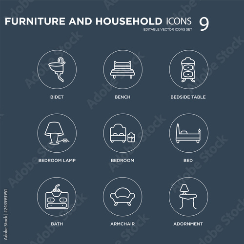 9 bidet, Bench, Bath, Bed, Bedroom, Bedside table, Bedroom lamp, Armchair modern icons on black background, vector illustration, eps10, trendy icon set.