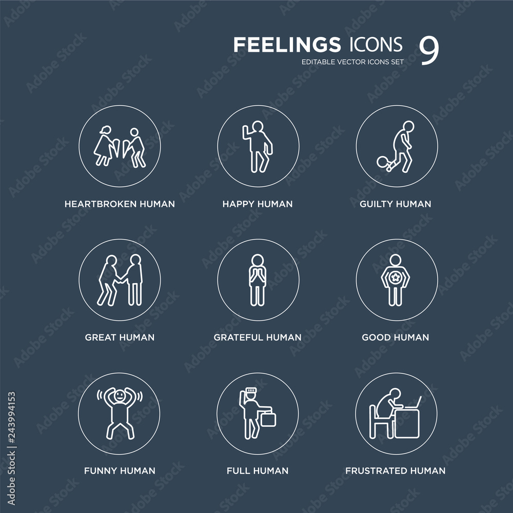 9 heartbroken human, happy funny good grateful guilty great full human modern icons on black background, vector illustration, eps10, trendy icon set.
