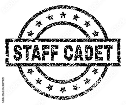 STAFF CADET stamp seal watermark with distress style. Designed with rectangle, circles and stars. Black vector rubber print of STAFF CADET tag with unclean texture.