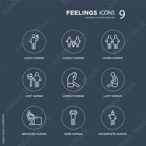 9 lucky human, lovely irritated lazy lonely loved lost inspi human modern icons on black background, vector illustration, eps10, trendy icon set.