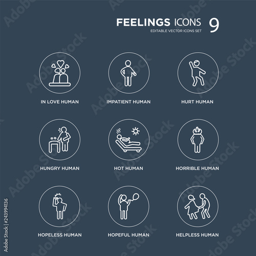9 in love human, impatient hopeless horrible hot hurt hungry hopeful human modern icons on black background, vector illustration, eps10, trendy icon set.