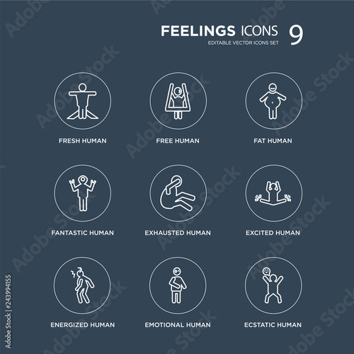 9 fresh human, free energized excited exhausted fat fantastic emotional human modern icons on black background, vector illustration, eps10, trendy icon set.